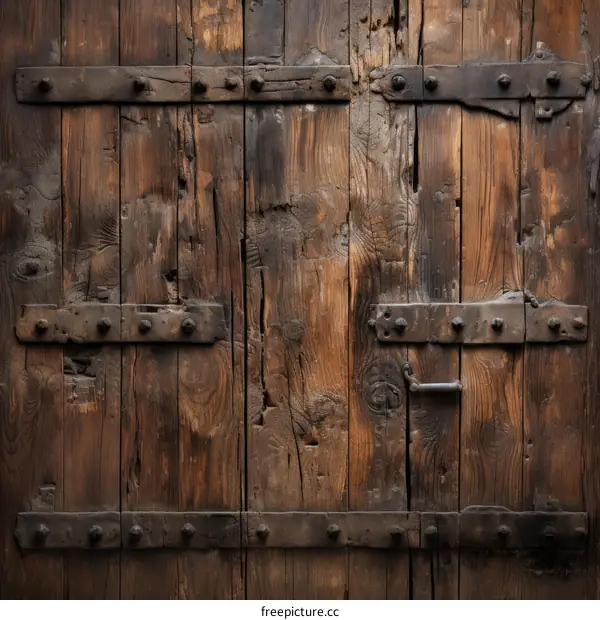 Close up of an old wooden door with metal hardware