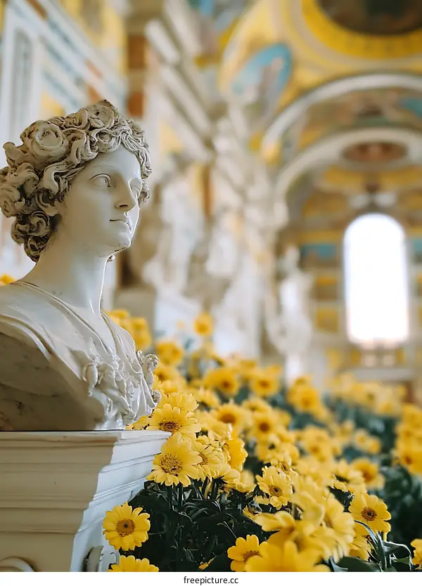 White Marble Bust of a Woman with Yellow Flowers