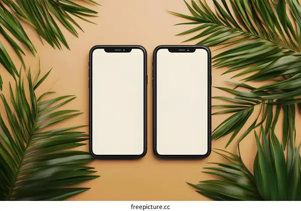 Two Black Smartphones with Blank Screens on a Brown Background Surrounded by Green Palm Leaves