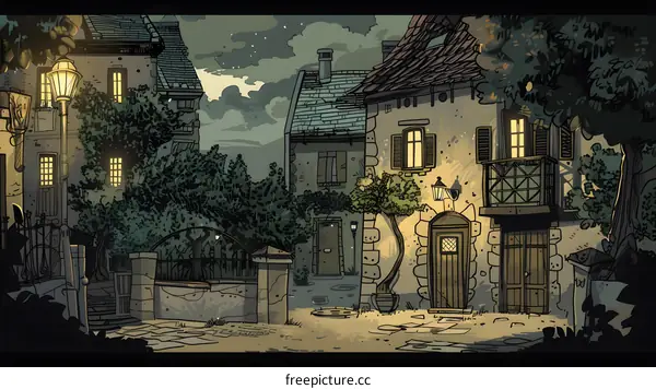 Nighttime Illustration of European Village