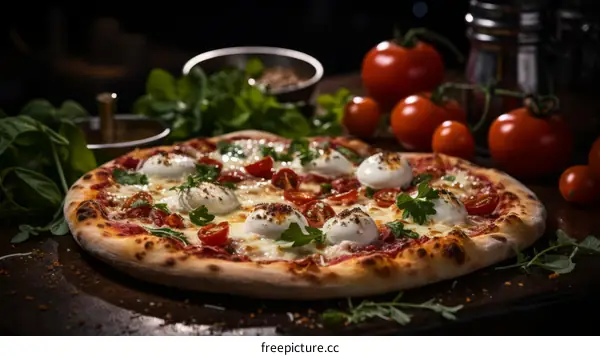 A delicious pizza with tomatoes, basil, and mozzarella cheese