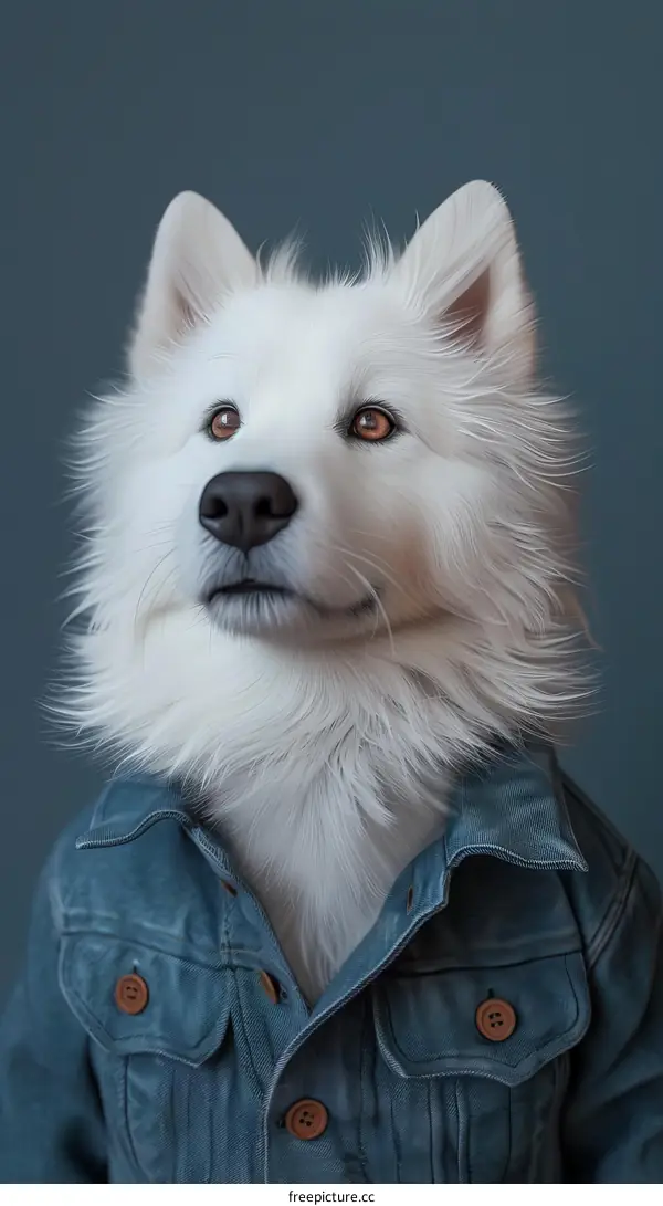 A white fluffy dog wearing a blue denim jacket