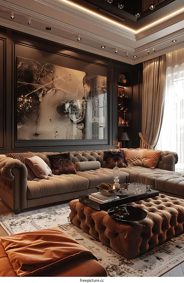 3D rendering of a living room interior with a brown leather sofa