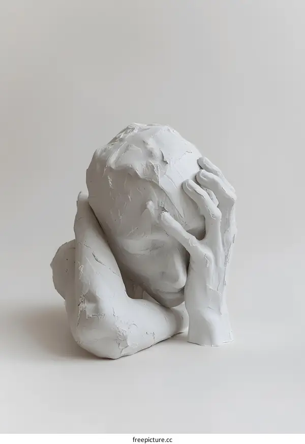 White sculpture of a person with their head in their hands