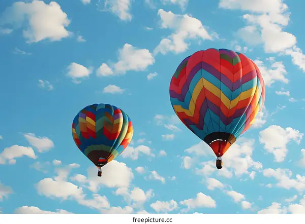 Two Colorful Hot Air Balloons Flying In Blue Sky With White Clouds