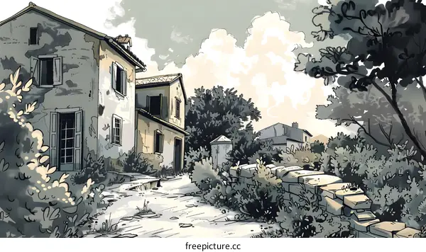 Stone Wall and Old Houses in a Rural Setting