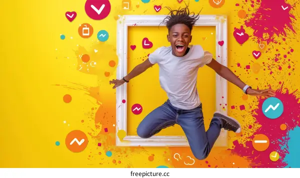 Happy African American boy jumping in the air