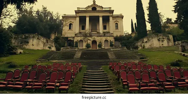 Classic Architecture with Red Chairs on Grass Steps