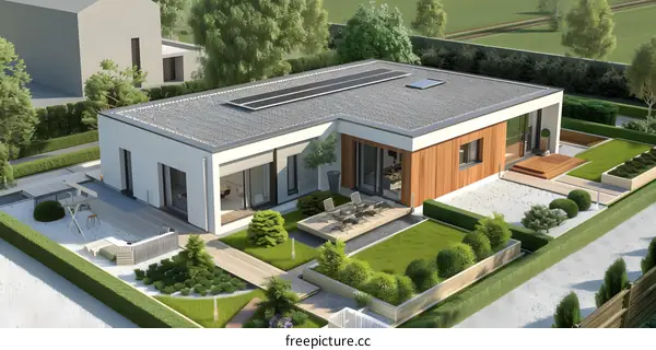 Modern House with Solar Panels and a Patio