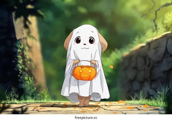 Cute Dog Ghost with Pumpkin Halloween Illustration