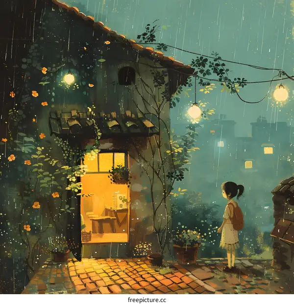 Girl Standing Outside of a House in the Rain
