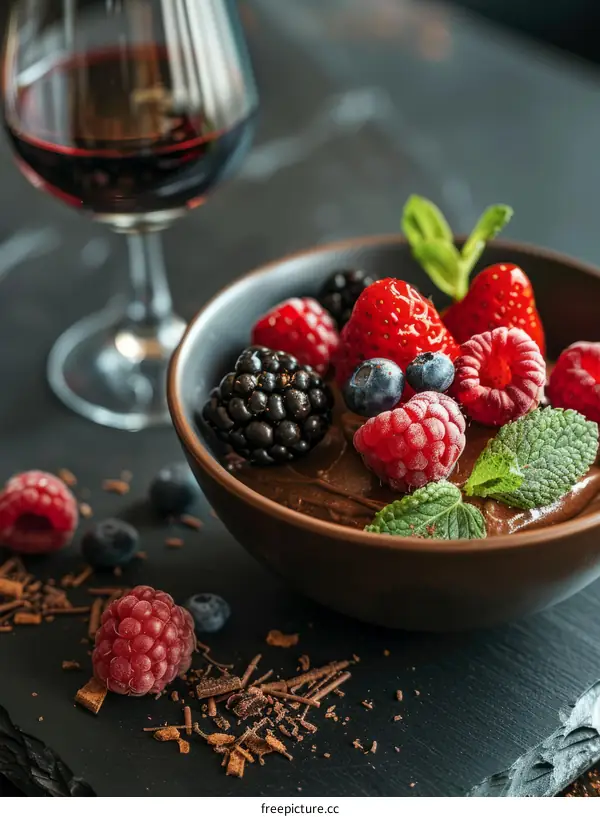 A bowl of chocolate mousse with fresh raspberries, blueberries and blackberries