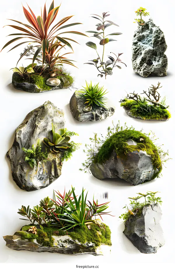 Set of plants growing in decorative rocks
