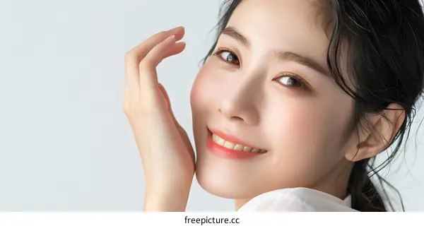 Smiling Asian Woman with Long Black Hair