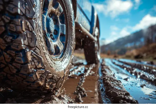 Close up of a muddy off-road tire