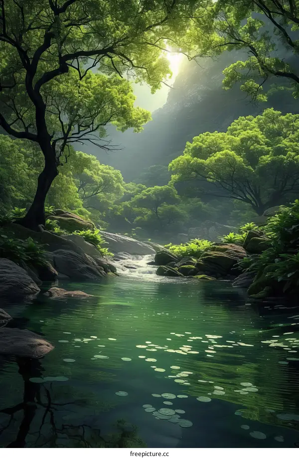 The sun shines through the forest