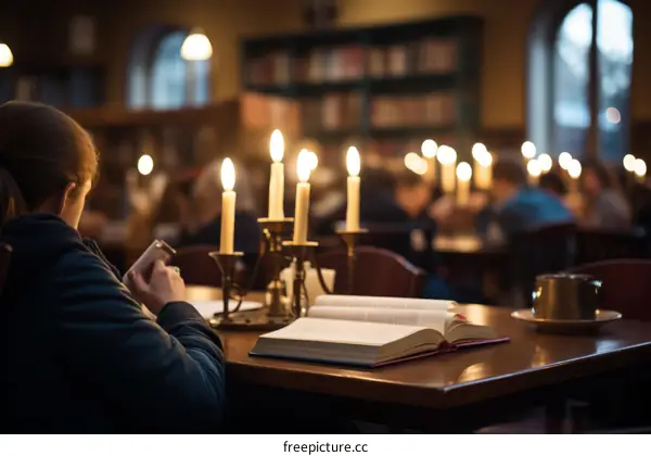 Caucasian woman reading a book in a library