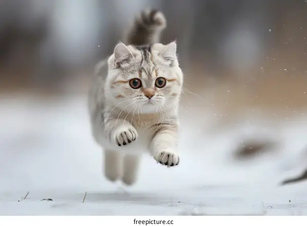 Cute kitten running in the snow