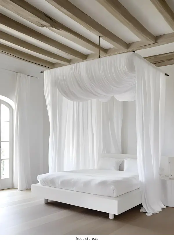 White Canopy Bed in Minimalist Bedroom with Wooden Beam Ceiling