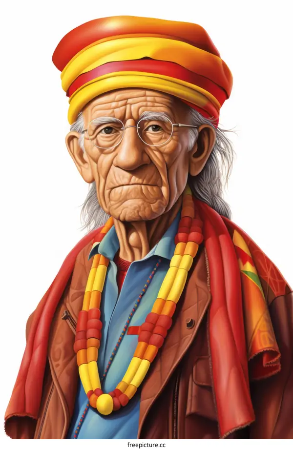 Portrait of an old Native American man wearing a traditional headdress and colorful beaded necklaces