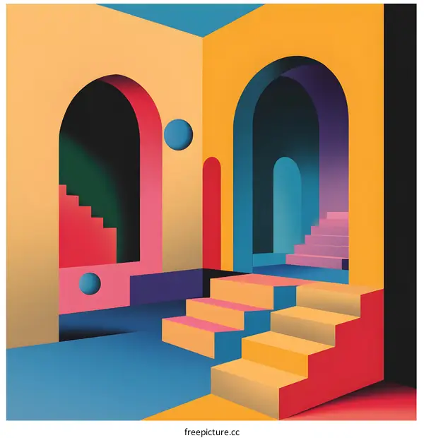 Abstract  Room Interior Design with Colorful Geometric Shapes and Archways