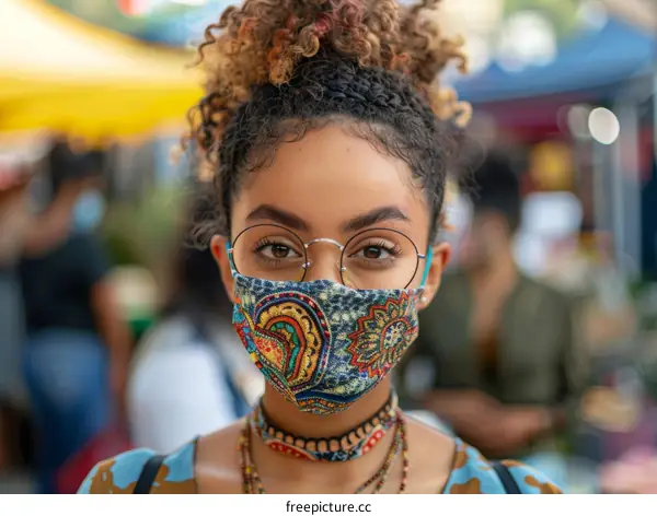 Portrait of a young woman wearing a colorful mask