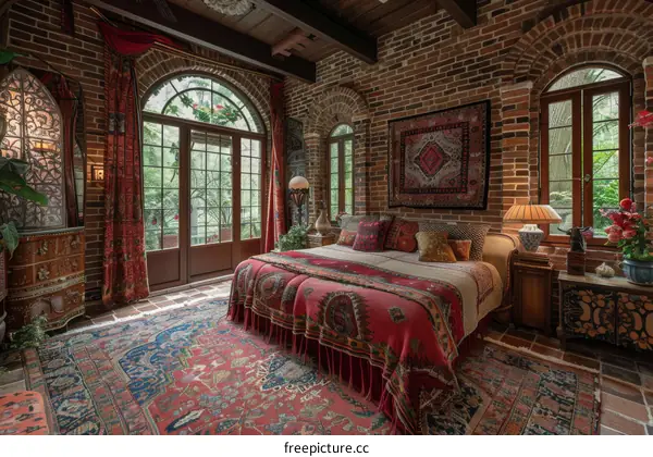 Elegant Bedroom with Vintage Brick Walls and Lush Decor