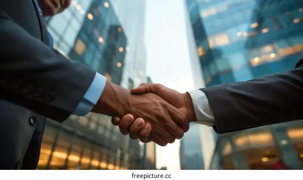 Businessmen of different ethnicities shaking hands in front of an office building