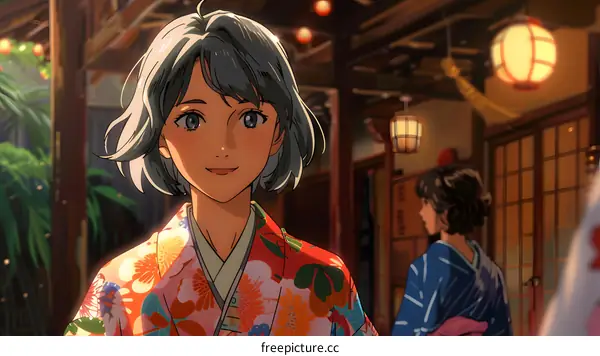 An illustration of a young woman in a kimono smiling