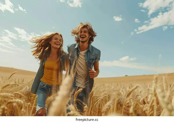 Happy young couple running through a wheat field on a sunny day