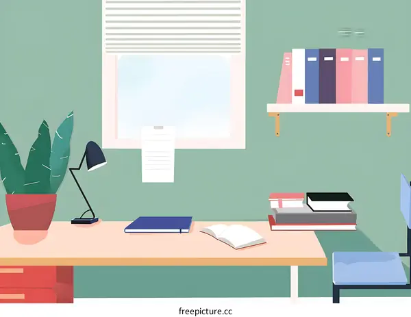 Simple Office Desk Illustration with Books and Lamp