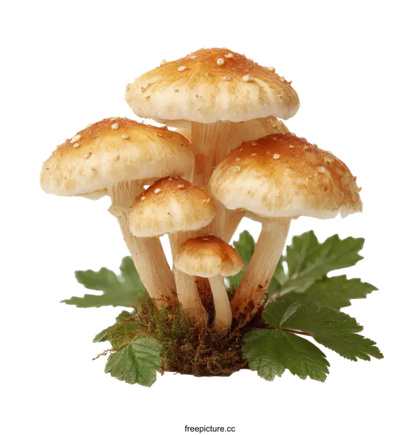 [Transparent Background PNG]Close Up of Cluster of Mushrooms with Leaves