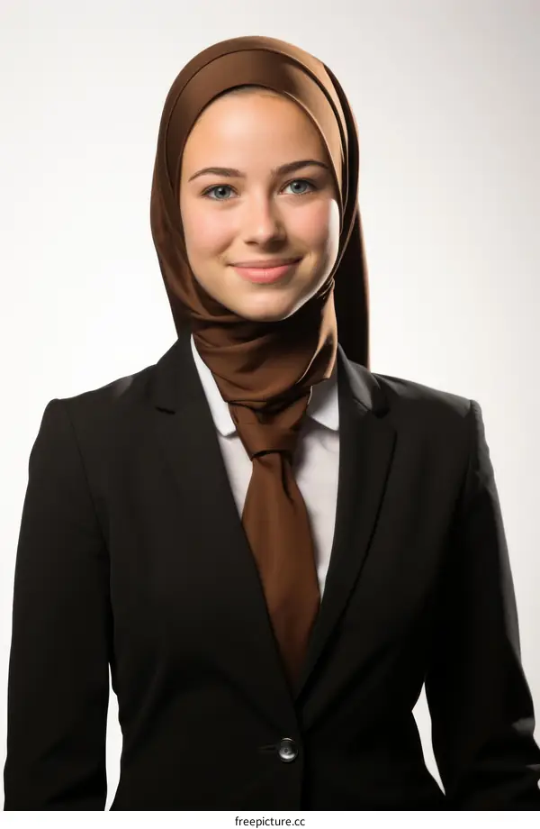 A young woman wearing a brown hijab and a suit