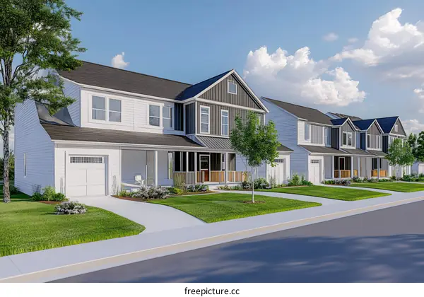 Modern Suburban Houses with Green Lawns and Driveways