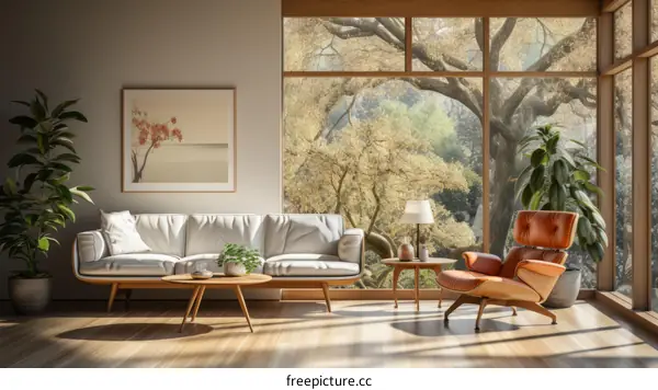 A stylish living room with a large window looking out onto a forest