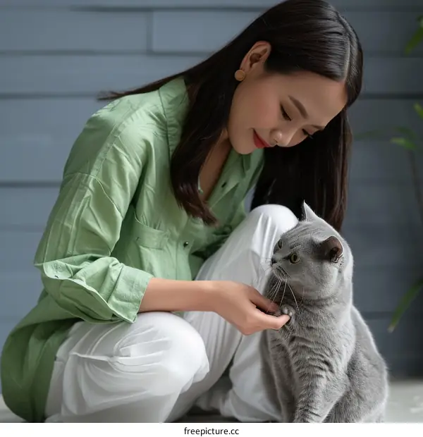 A woman is petting a gray cat