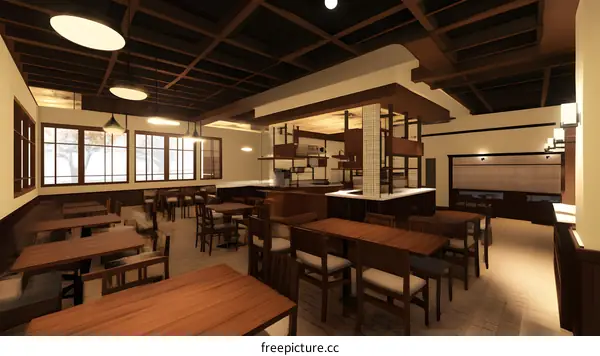 Modern Restaurant Interior Design with Wooden Tables and Chairs