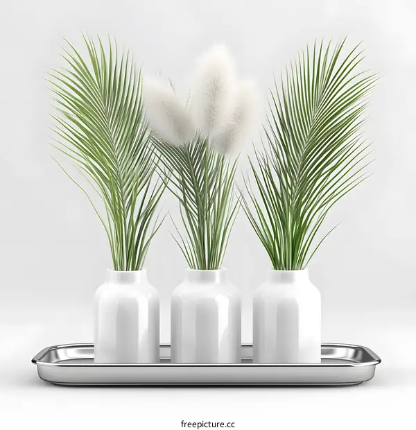 Three White Vases With Green Plants On Silver Tray