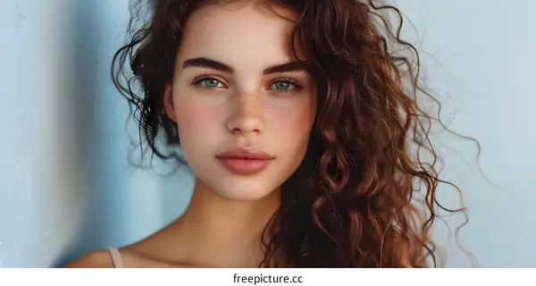 portrait of a young woman with freckles and blue eyes