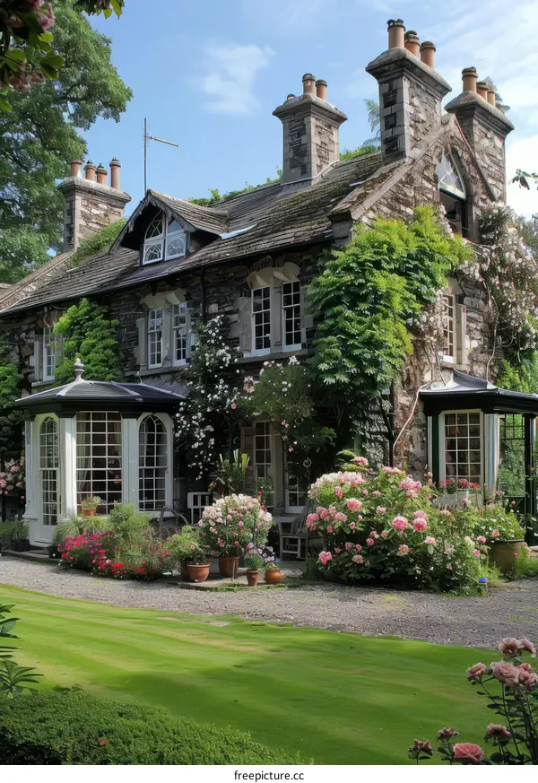 A beautiful stone cottage with a garden full of flowers