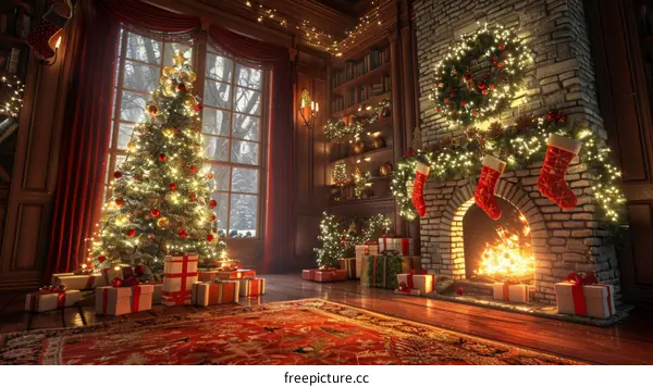 Christmas living room interior with decorated tree, presents and fireplace