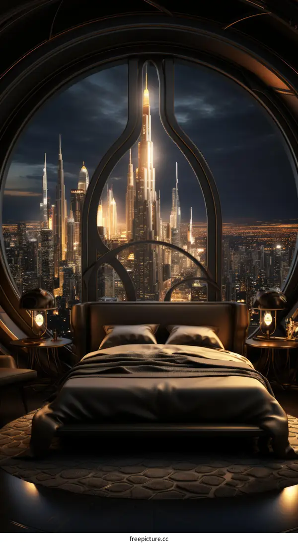 Futuristic bedroom with a view of the city