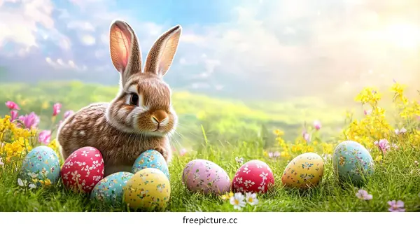Cute Easter Bunny with Colorful Eggs in Meadow