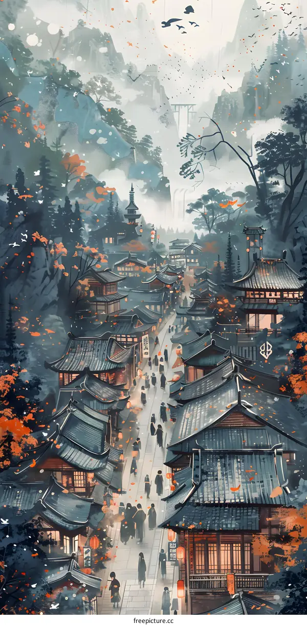 An illustration of a busy street in a Chinese village with people walking around and shops on either side of the street