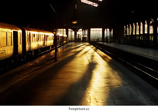 Train Platform Sunset Shadows in a Train Station