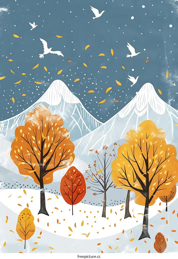 Winter Landscape Illustration with Snowy Mountains and Trees