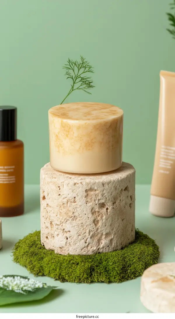 Natural Cosmetic Display with Stone and Moss
