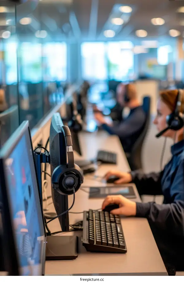Customer service representatives working in a call center