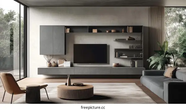 Modern Living Room with Grey Furniture and Wooden Accessories