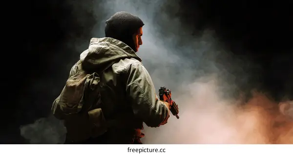 Military Man in Camouflage Uniform with Weapon